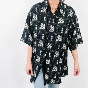 Roundtree & Yorke 100% Silk Tropical Floral Fish Print Camp Shirt Black White L
